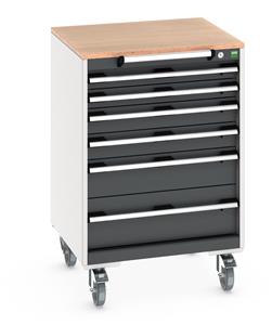 cubio mobile cabinet with 6 drawers & multiplex worktop. WxDxH: 650x650x990mm. RAL 7035/5010 or selected Bott Mobile Storage 650 x 650